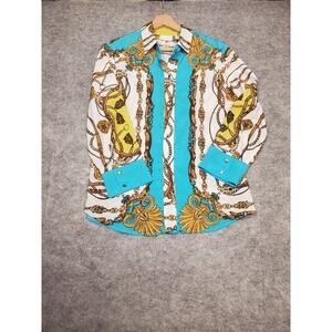 New York & Company Women's M Teal & White Baroque Chain & Harness Print Blouse